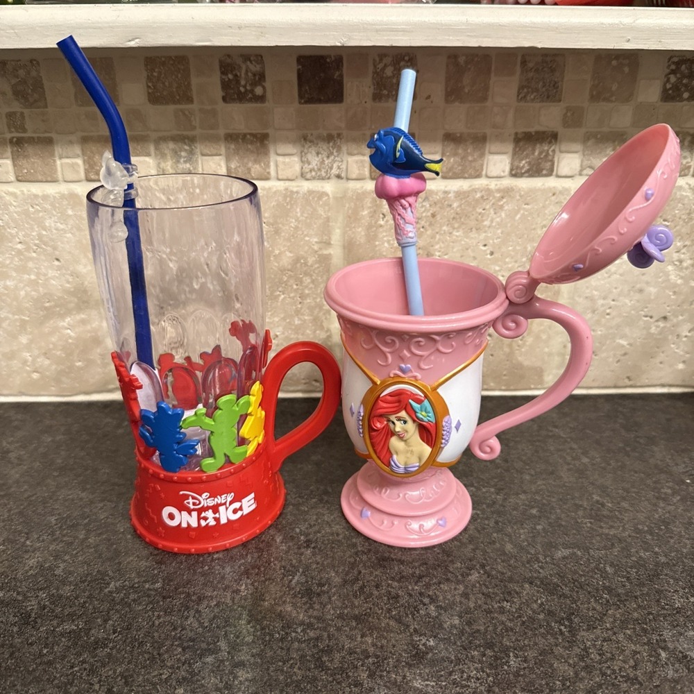 Disney on Ice Mickey Mouse Ariel The Little Mermaid Dori Cup Mug W/ Straw Spoon